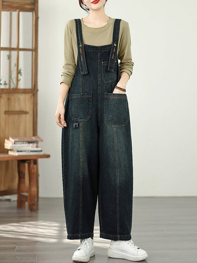 Women Autumn Pure Color Washed Denim Wide-leg Jumpsuits