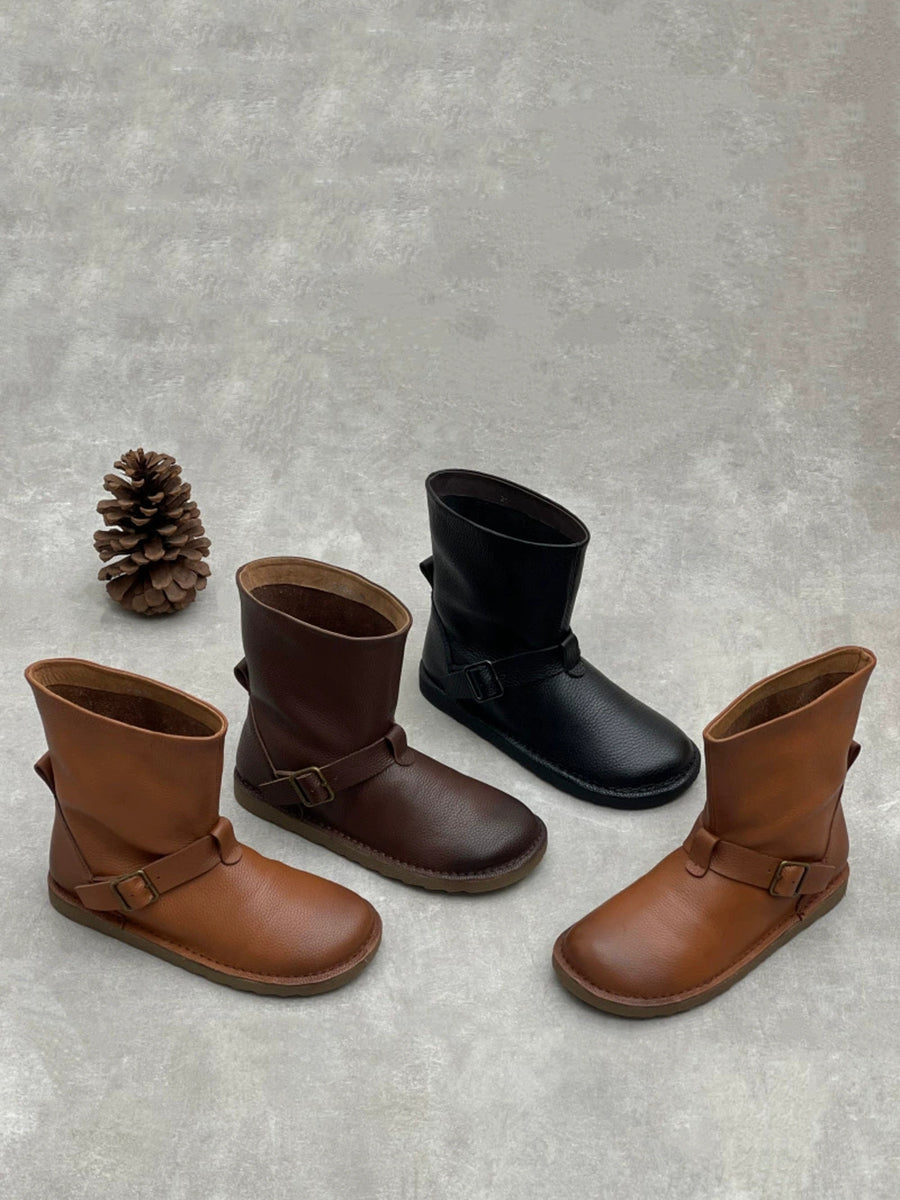 Women Vintage Genuine Leather Pure Color Martin Boots