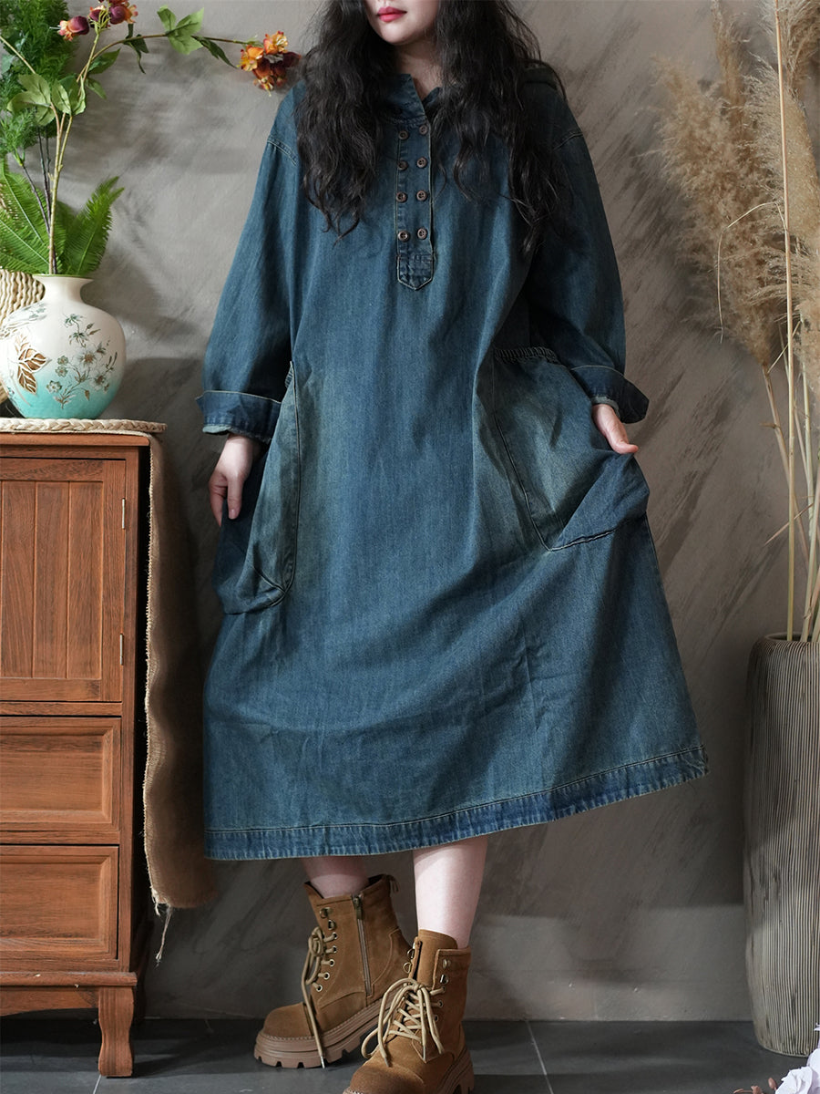 Women Autumn Retro Pure Color Denim Loose Dress