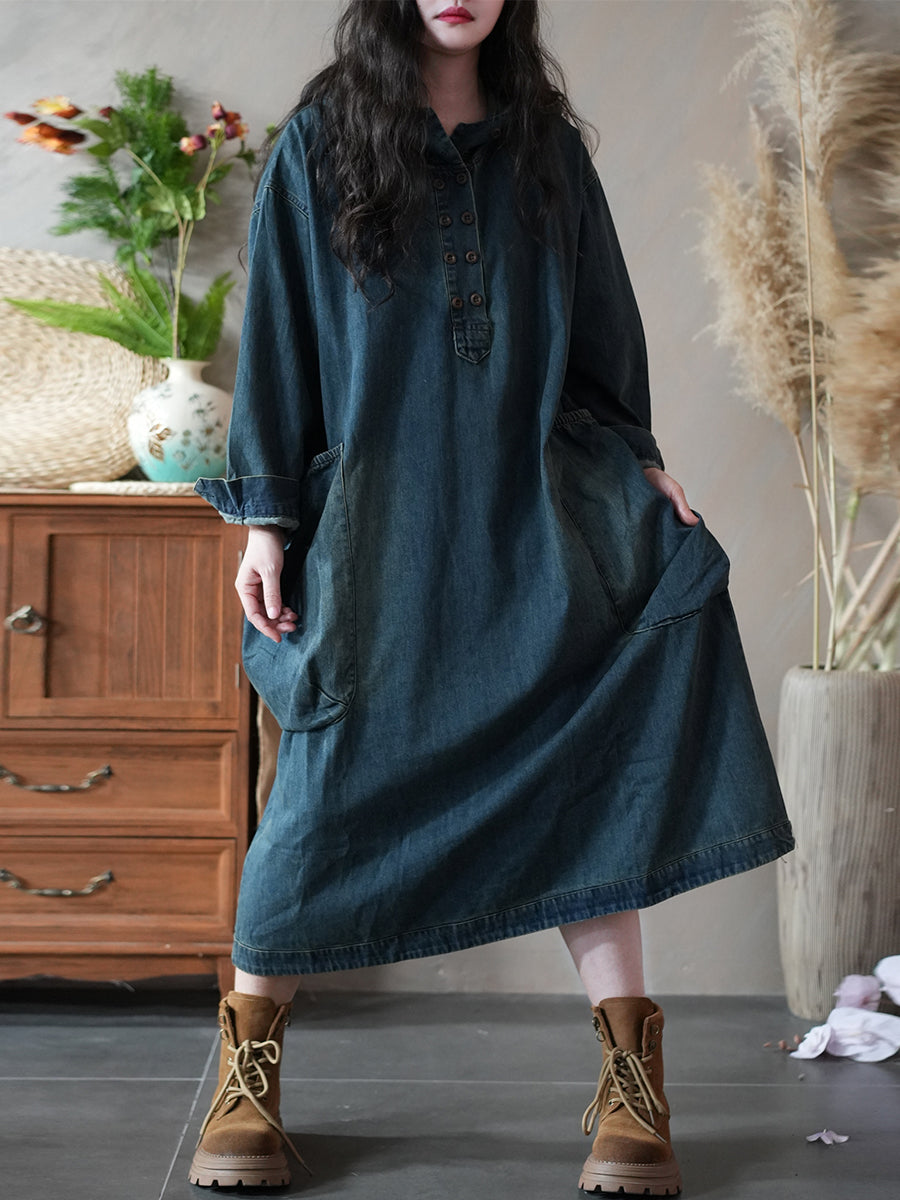 Women Autumn Retro Pure Color Denim Loose Dress