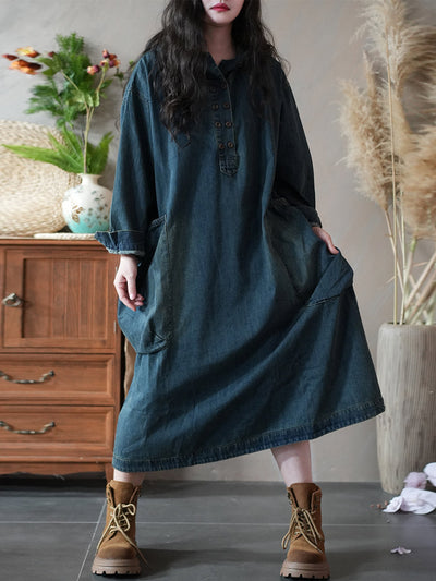 Women Autumn Retro Pure Color Denim Loose Dress