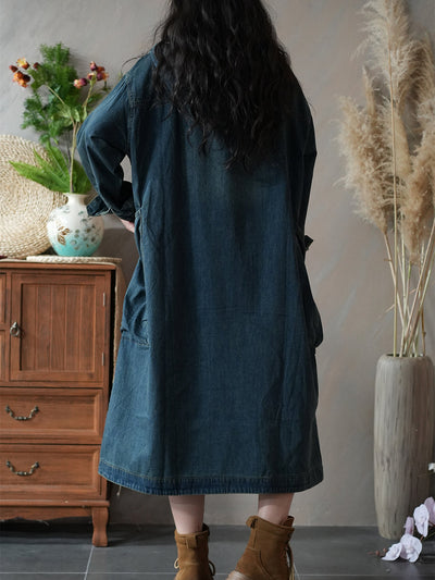 Women Autumn Retro Pure Color Denim Loose Dress