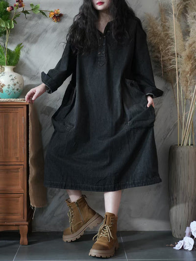 Women Autumn Retro Pure Color Denim Loose Dress