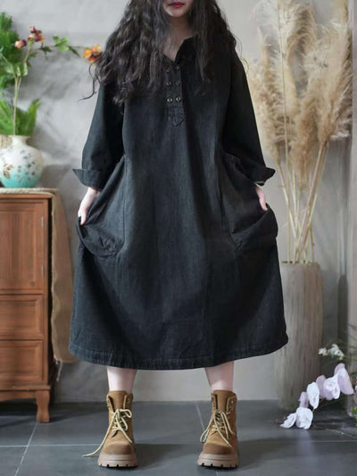 Women Autumn Retro Pure Color Denim Loose Dress