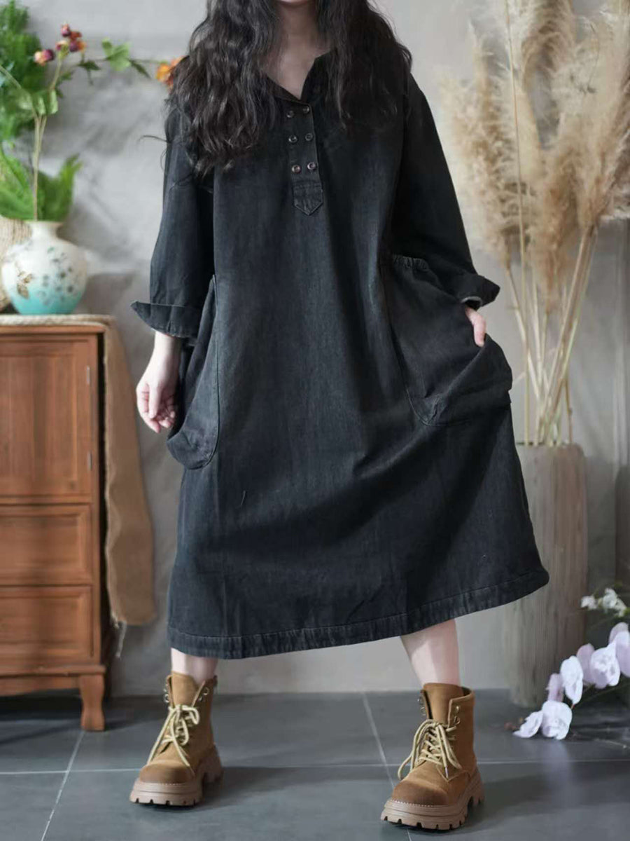 Women Autumn Retro Pure Color Denim Loose Dress