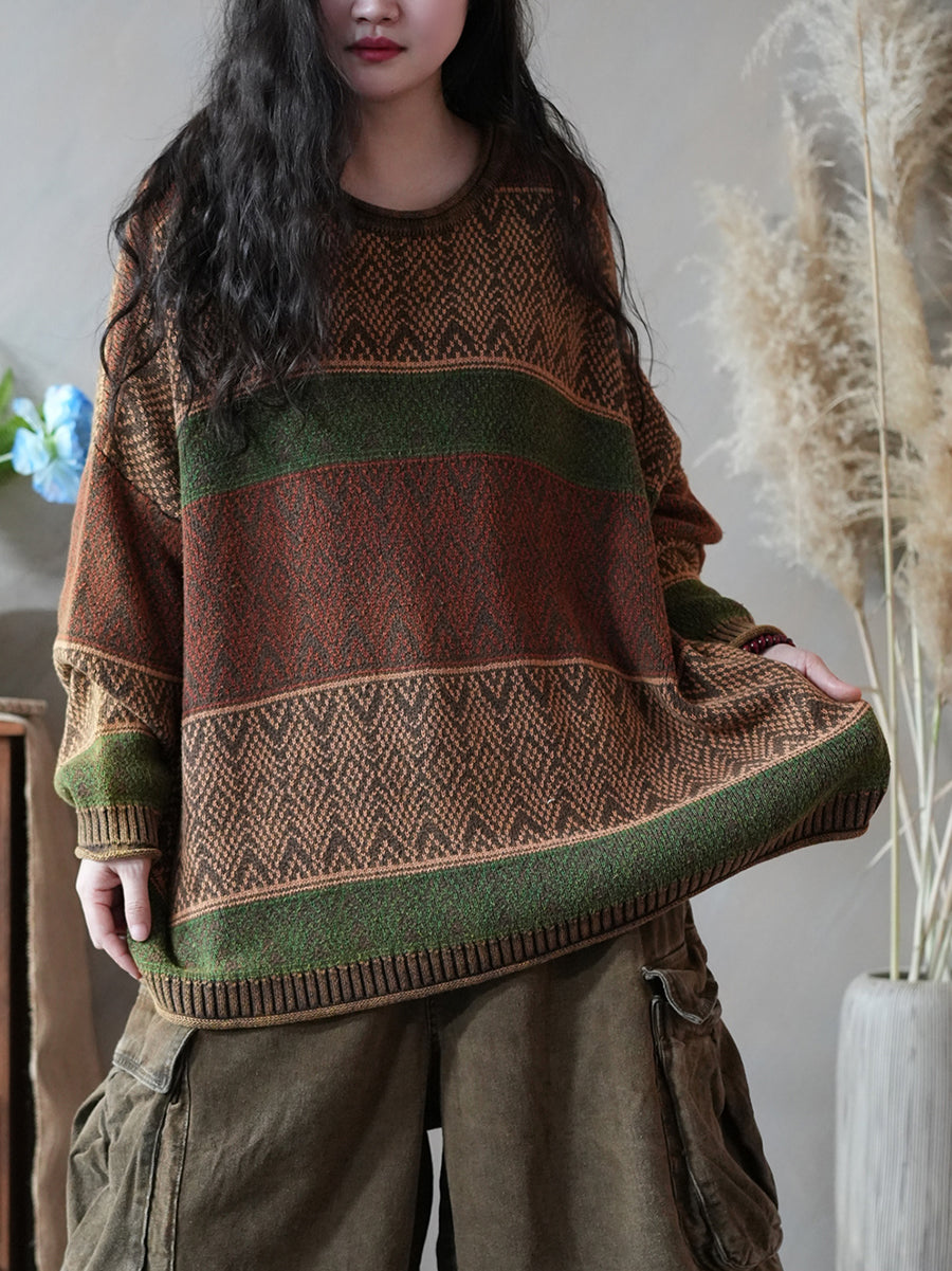 Women Autumn Artsy Colorblock Knitted O-Neck Sweater