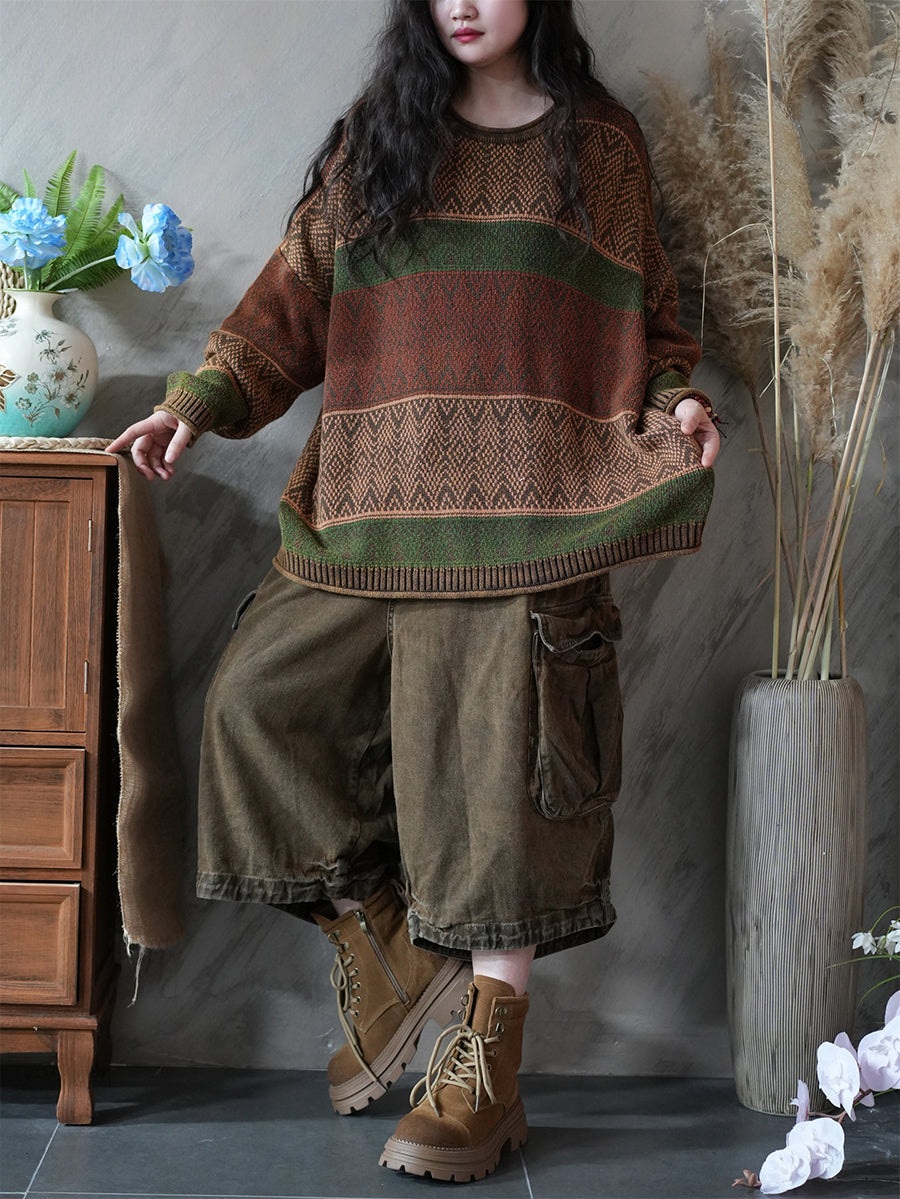 Women Autumn Artsy Colorblock Knitted O-Neck Sweater