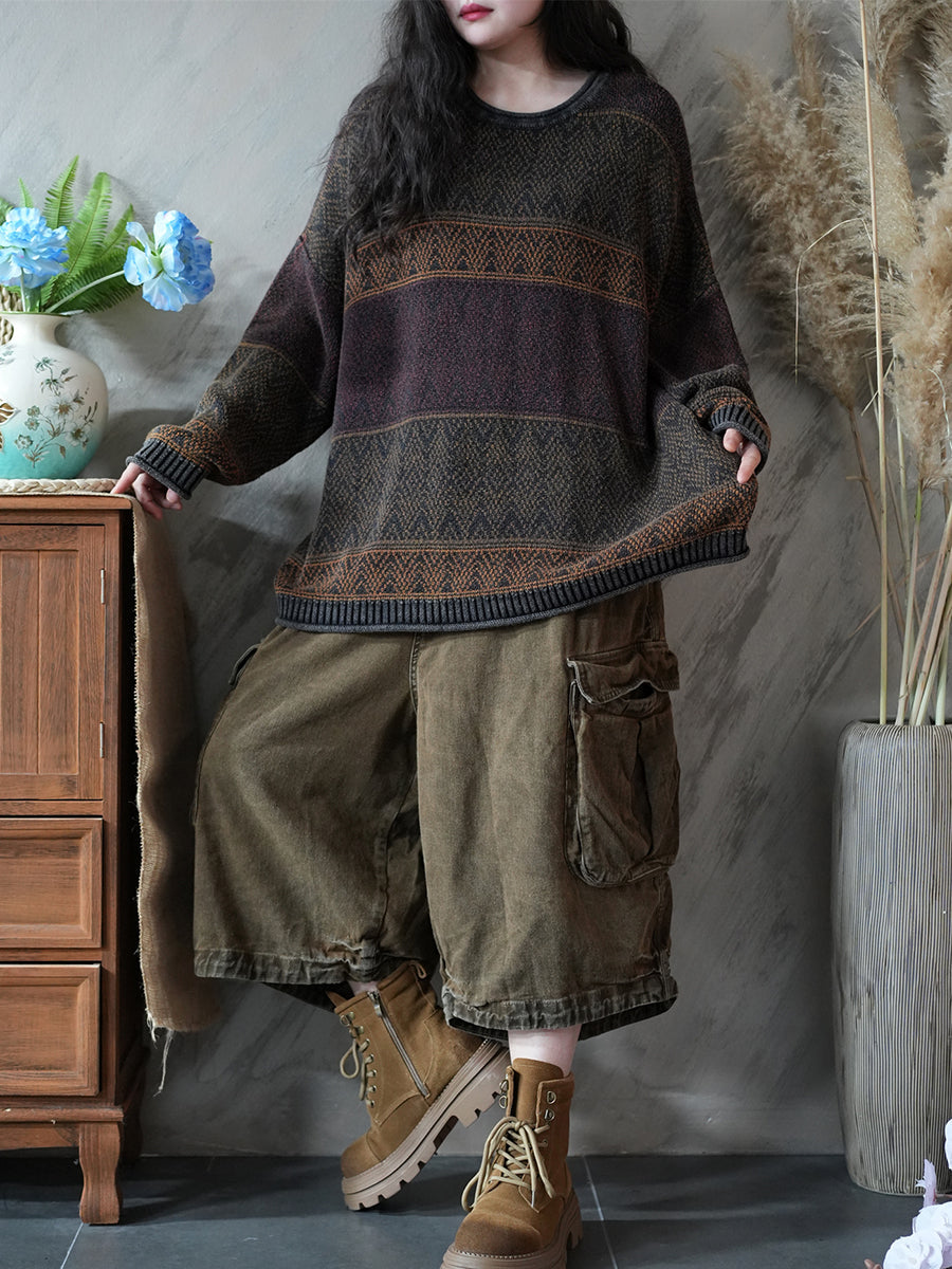 Women Autumn Artsy Colorblock Knitted O-Neck Sweater