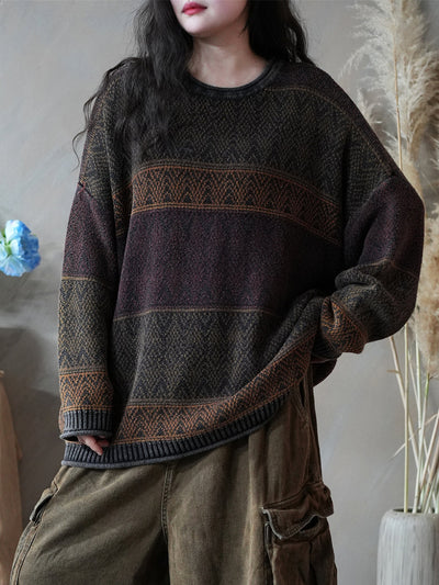 Women Autumn Artsy Colorblock Knitted O-Neck Sweater