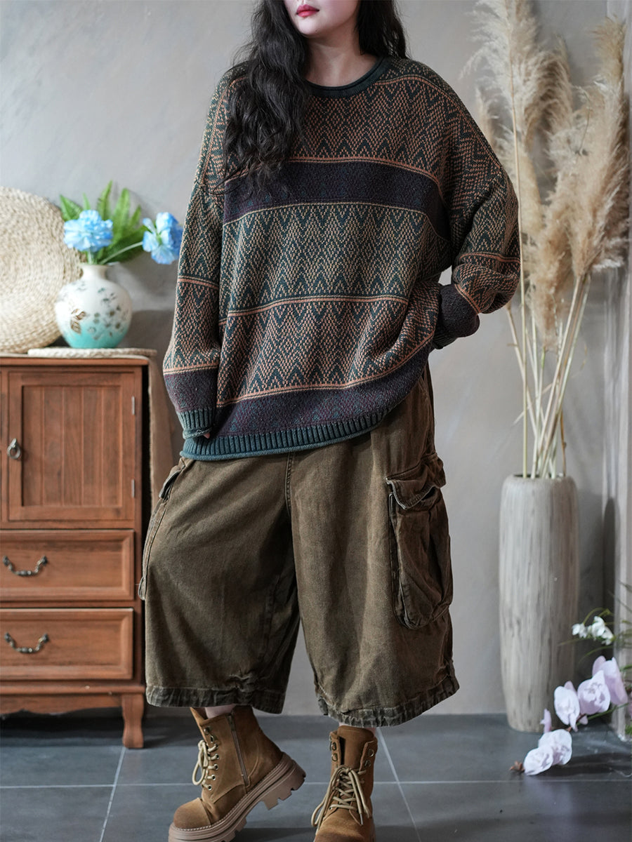 Women Autumn Artsy Colorblock Knitted O-Neck Sweater