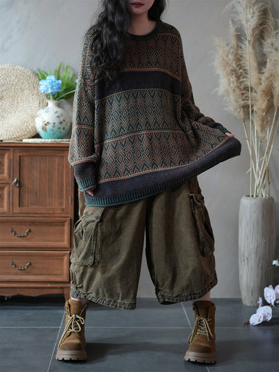 Women Autumn Artsy Colorblock Knitted O-Neck Sweater