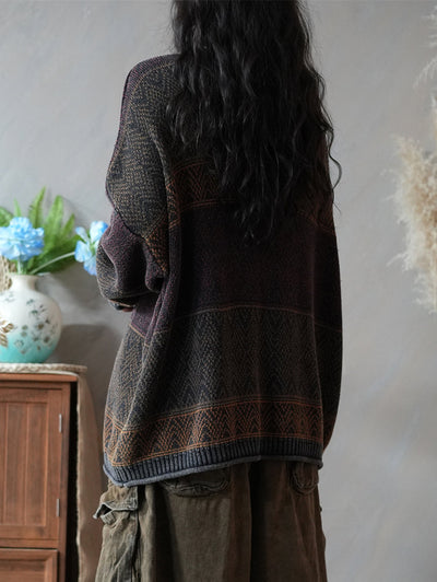 Women Autumn Artsy Colorblock Knitted O-Neck Sweater