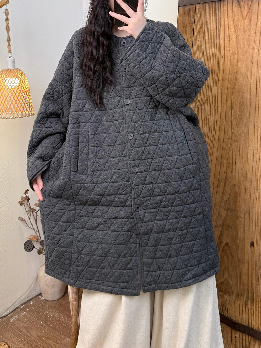 Women Autumn Retro Pure Color Padded Trench Coat