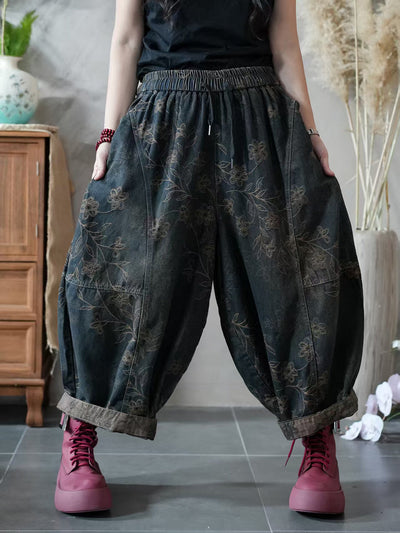 Women Autumn Retro Flower Denim Spliced Harem Pants