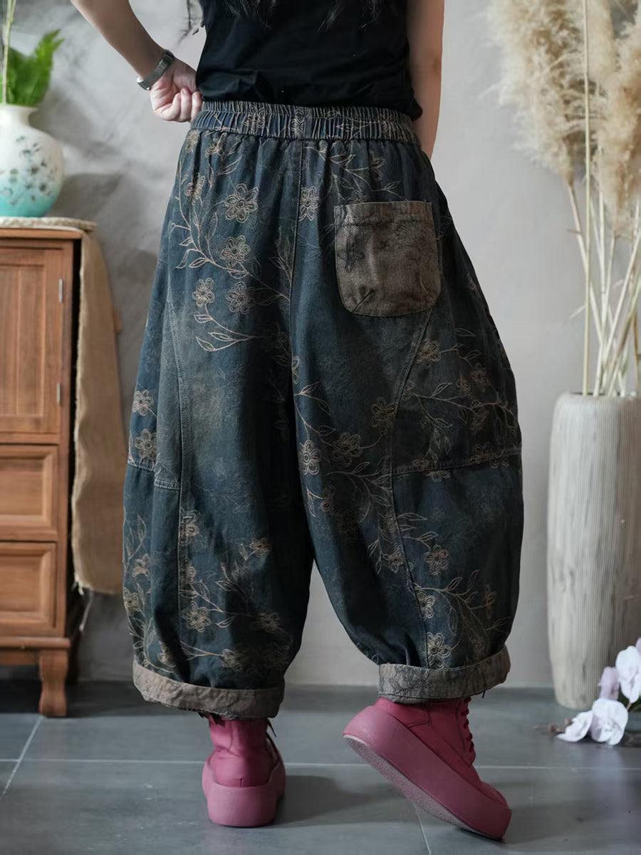 Women Autumn Retro Flower Denim Spliced Harem Pants