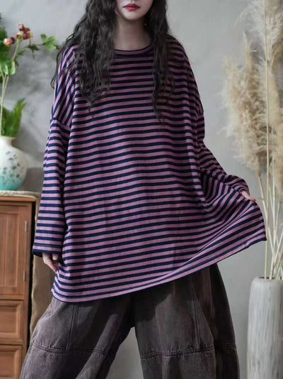Women Autumn Casual Stripe 100%Cotton O-Neck Blouse