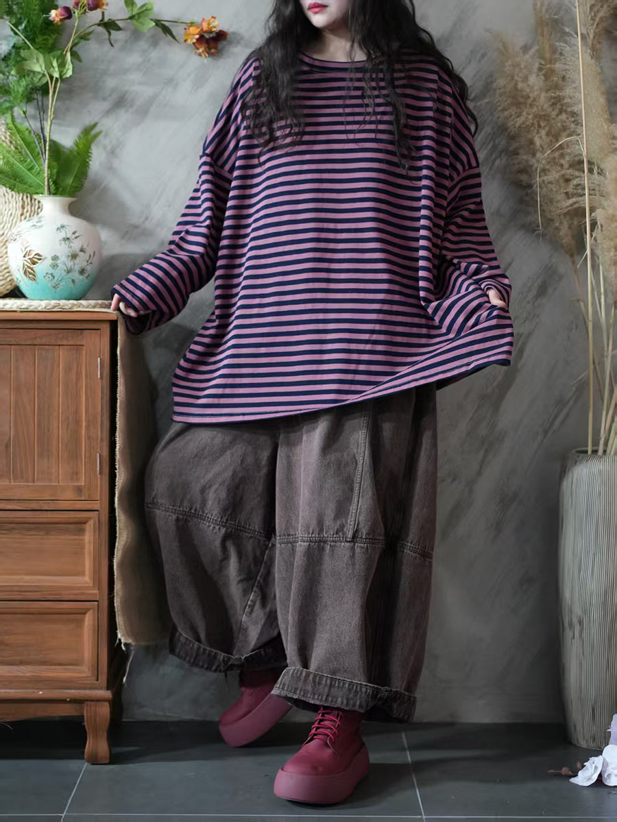 Women Autumn Casual Stripe 100%Cotton O-Neck Blouse
