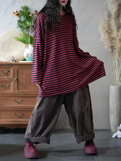 Women Autumn Casual Stripe 100%Cotton O-Neck Blouse