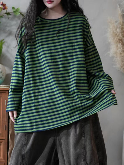 Women Autumn Casual Stripe 100%Cotton O-Neck Blouse