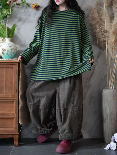 Women Autumn Casual Stripe 100%Cotton O-Neck Blouse