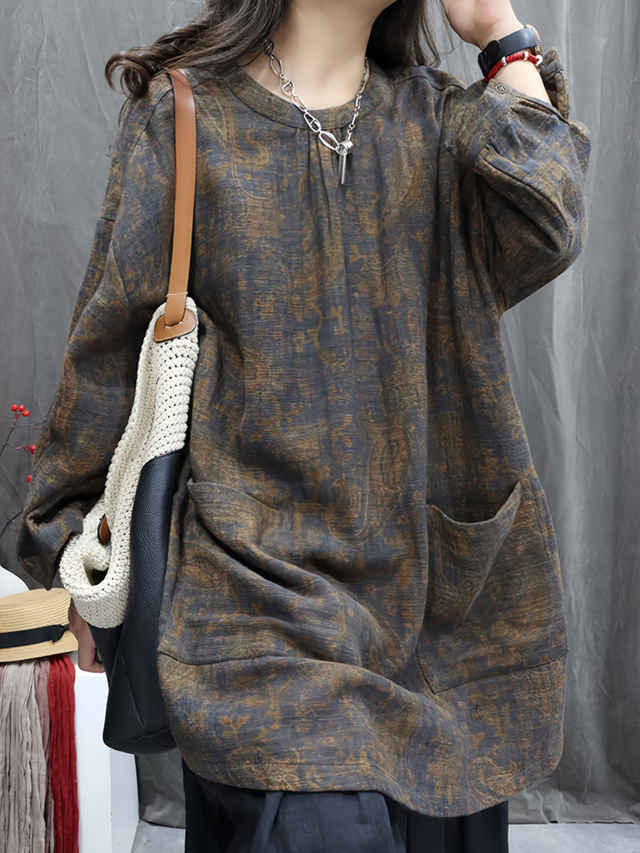 Women Autumn Vintage Flower Linen O-Neck Shirt