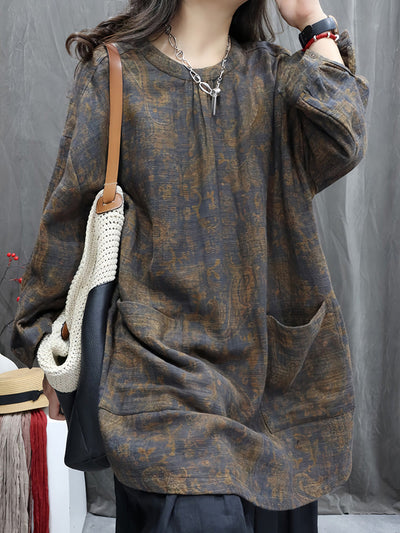 Women Autumn Vintage Flower Linen O-Neck Shirt