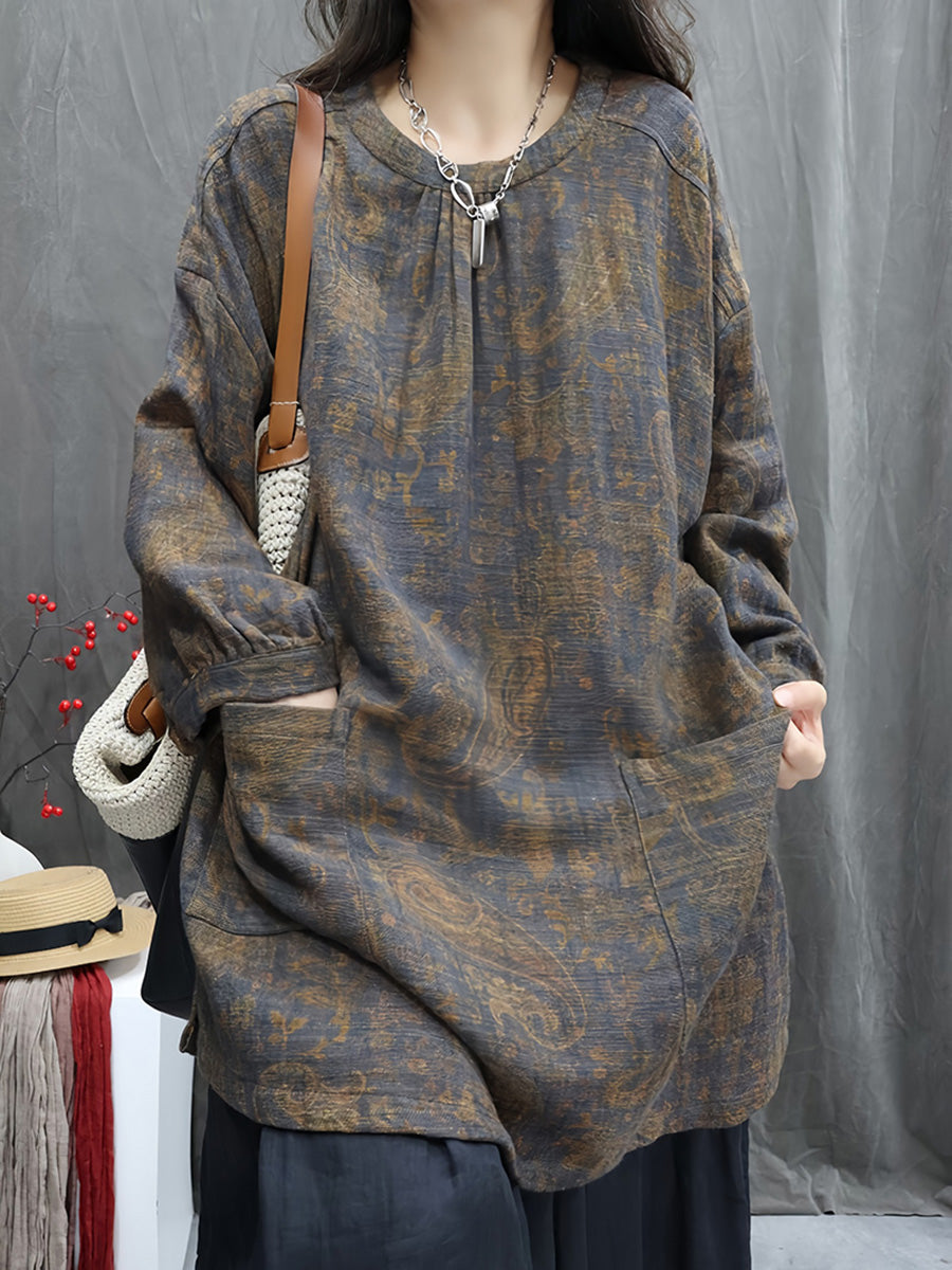 Women Autumn Vintage Flower Linen O-Neck Shirt