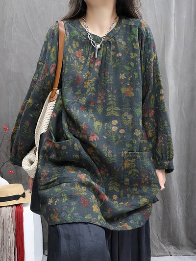 Women Autumn Vintage Flower Linen O-Neck Shirt