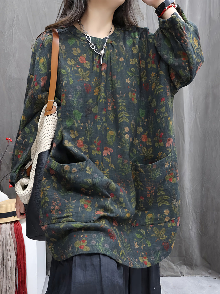 Women Autumn Vintage Flower Linen O-Neck Shirt