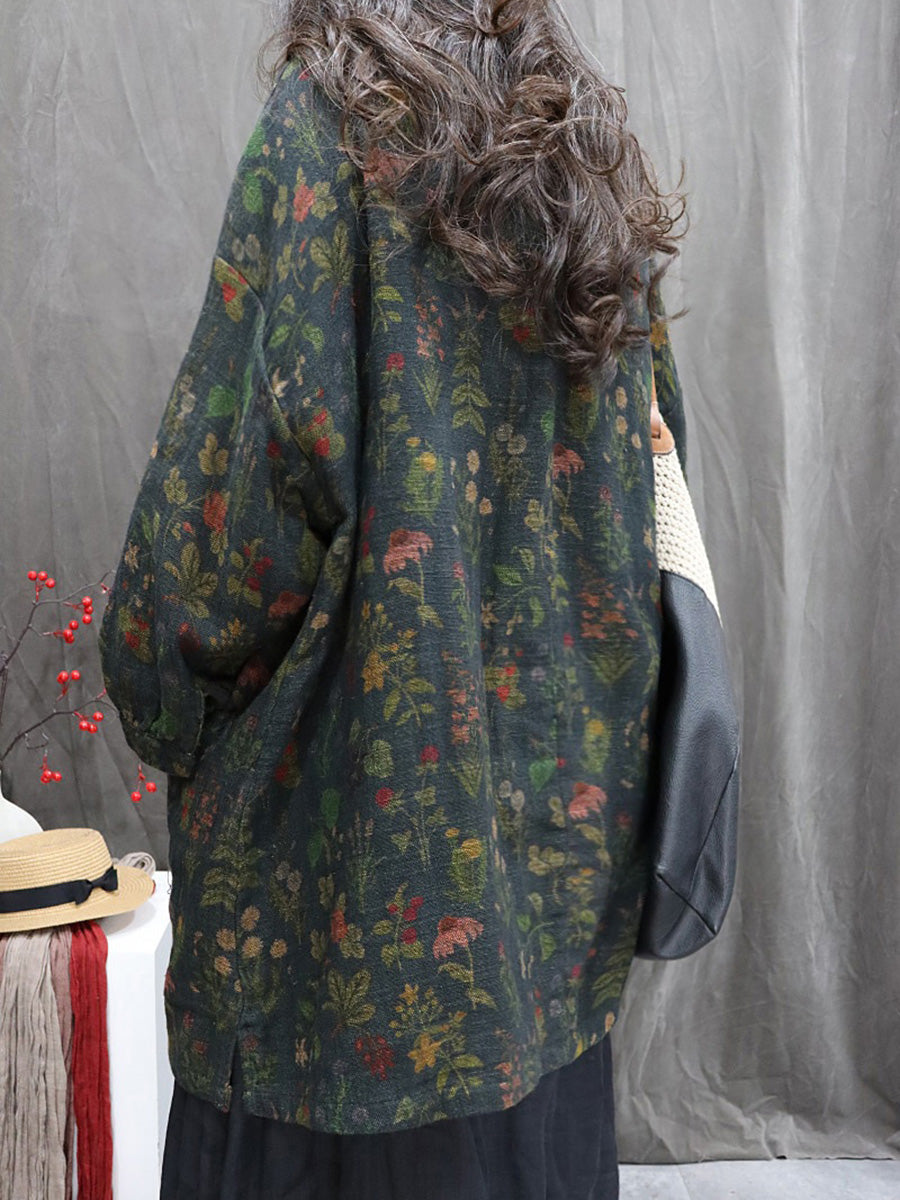 Women Autumn Vintage Flower Linen O-Neck Shirt