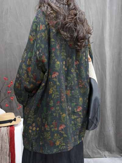 Women Autumn Vintage Flower Linen O-Neck Shirt