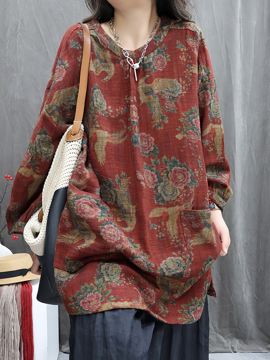 Women Autumn Vintage Flower Linen O-Neck Shirt