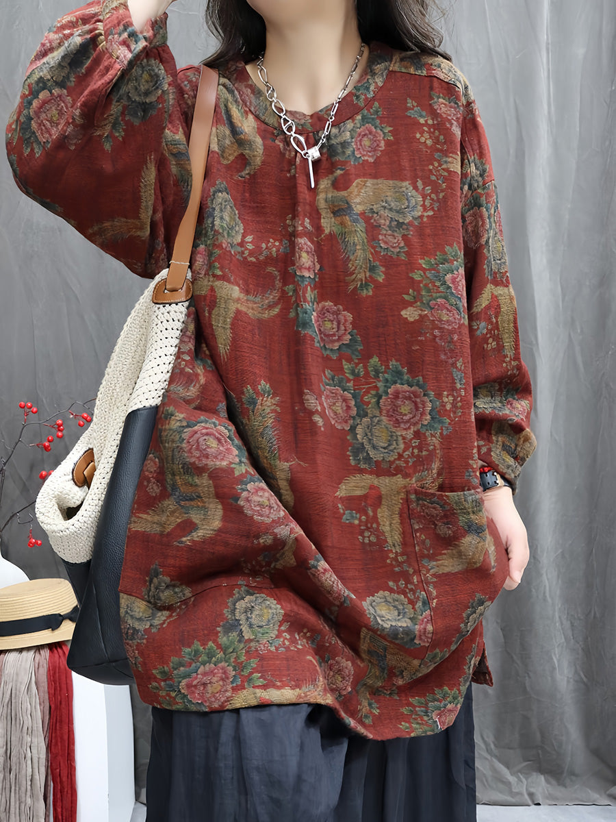 Women Autumn Vintage Flower Linen O-Neck Shirt
