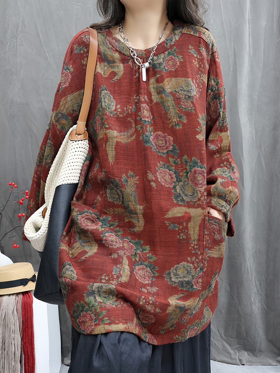 Women Autumn Vintage Flower Linen O-Neck Shirt
