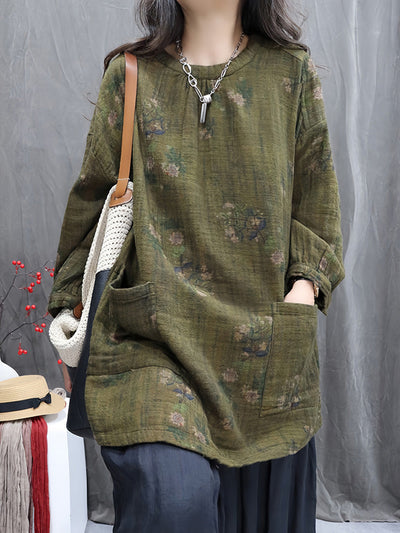 Women Autumn Vintage Flower Linen O-Neck Shirt