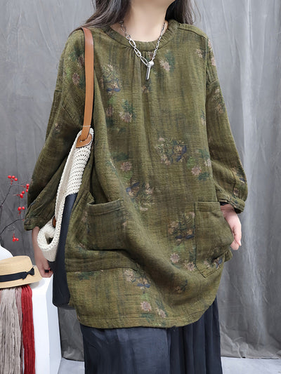 Women Autumn Vintage Flower Linen O-Neck Shirt