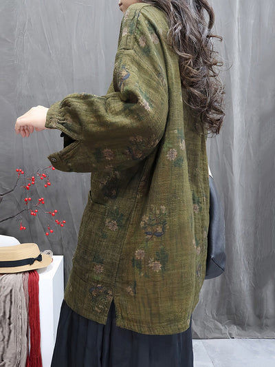 Women Autumn Vintage Flower Linen O-Neck Shirt