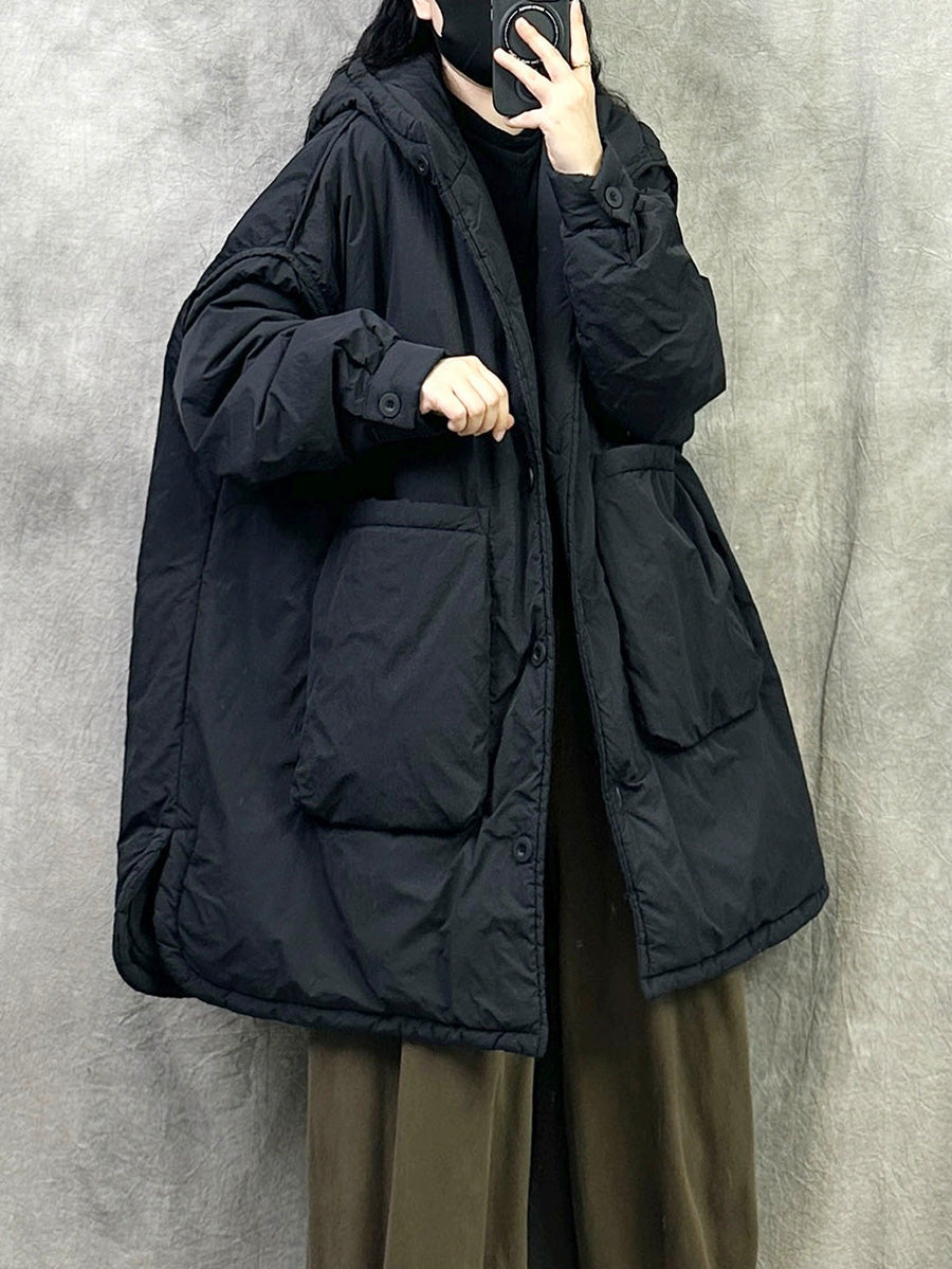 Women Winter Casual Pure Color Hooded Padded Coat