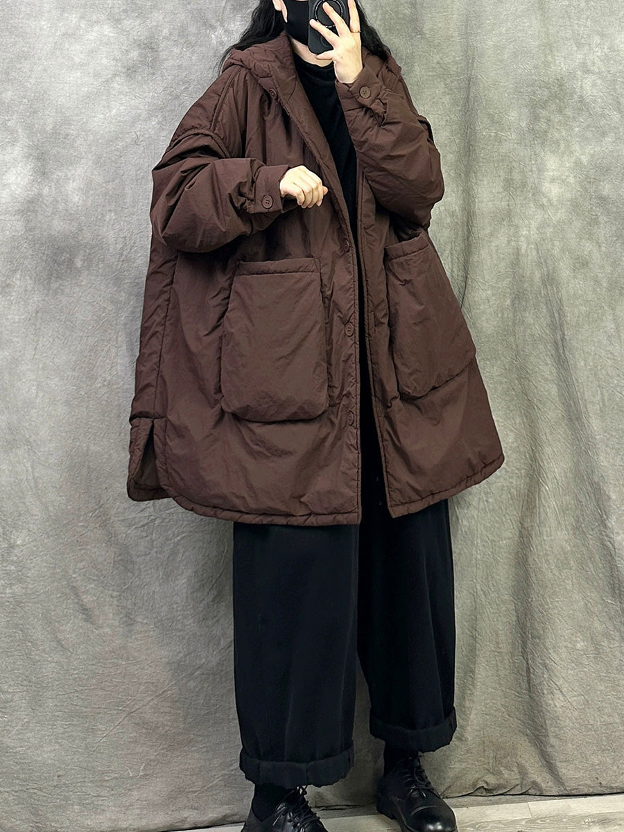 Women Winter Casual Pure Color Hooded Padded Coat