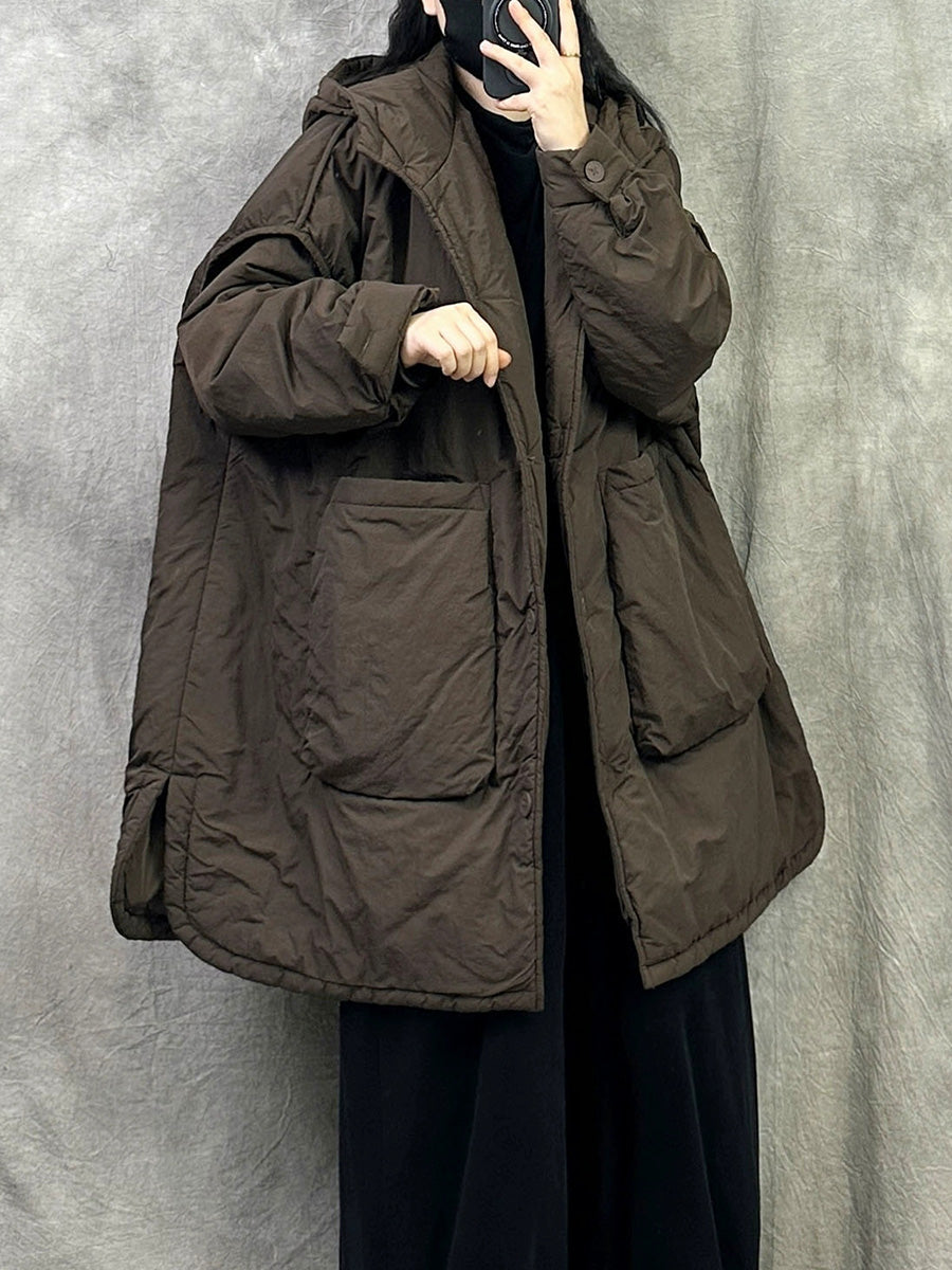 Women Winter Casual Pure Color Hooded Padded Coat