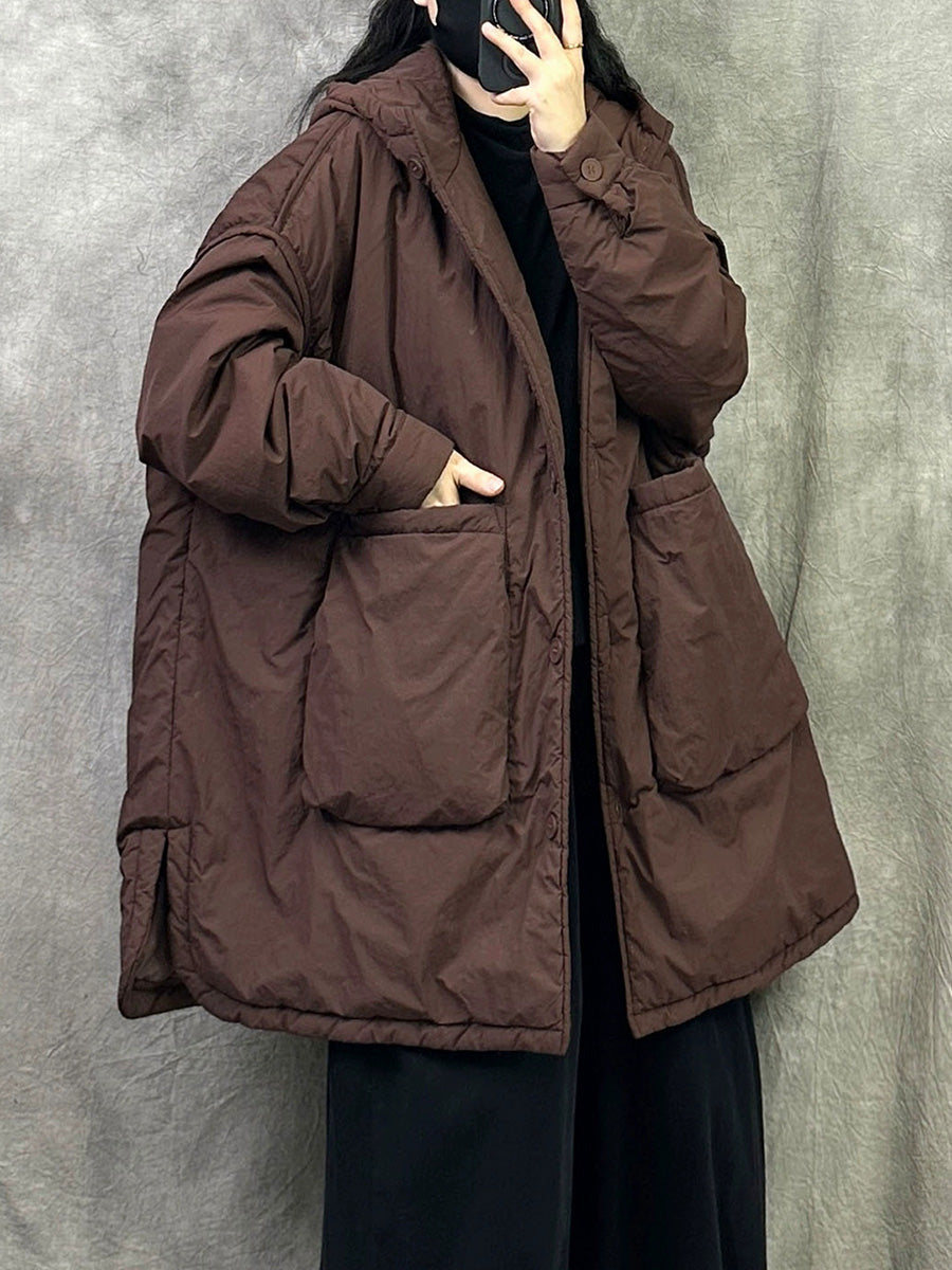 Women Winter Casual Pure Color Hooded Padded Coat