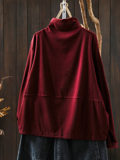 Women Autumn Casual Pure Color Half-Turtleneck Blouse