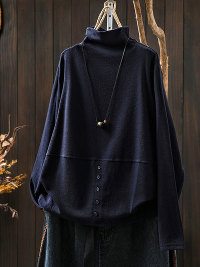 Women Autumn Casual Pure Color Half-Turtleneck Blouse