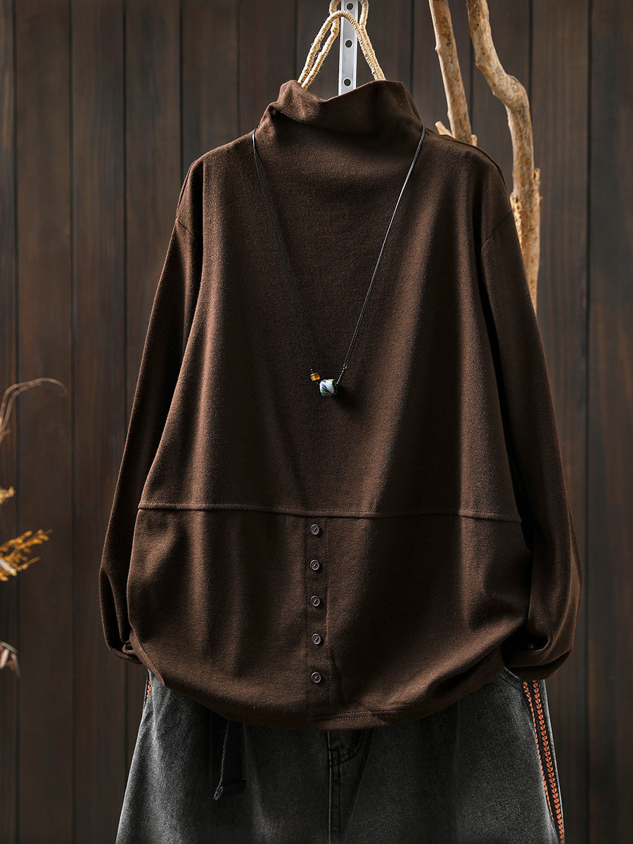 Women Autumn Casual Pure Color Half-Turtleneck Blouse