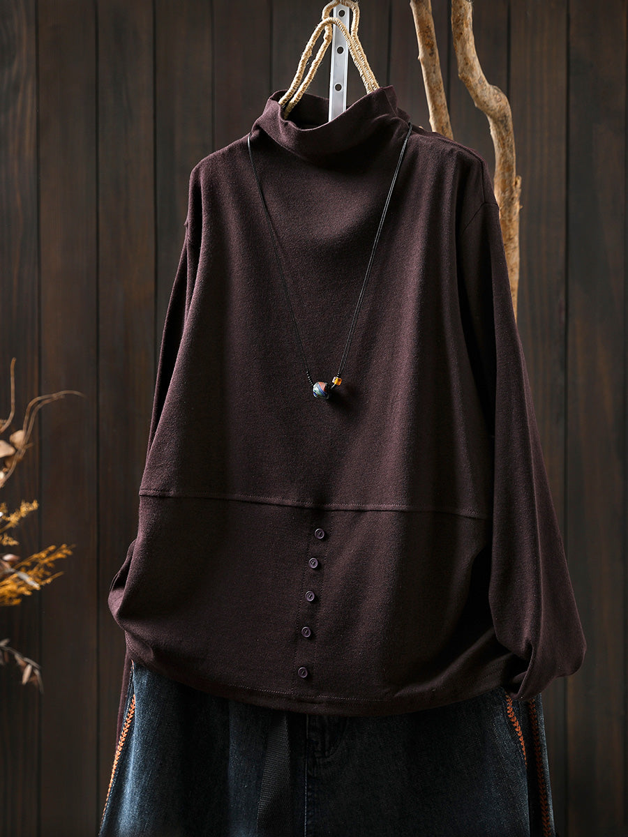 Women Autumn Casual Pure Color Half-Turtleneck Blouse