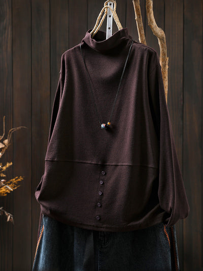 Women Autumn Casual Pure Color Half-Turtleneck Blouse