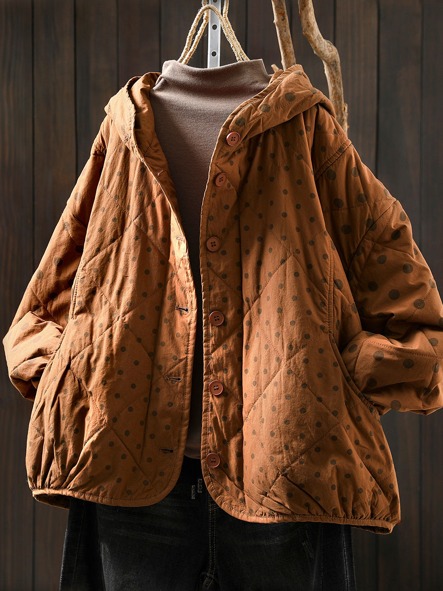 Women Autumn Artsy Dot Padded Hooded Jacket