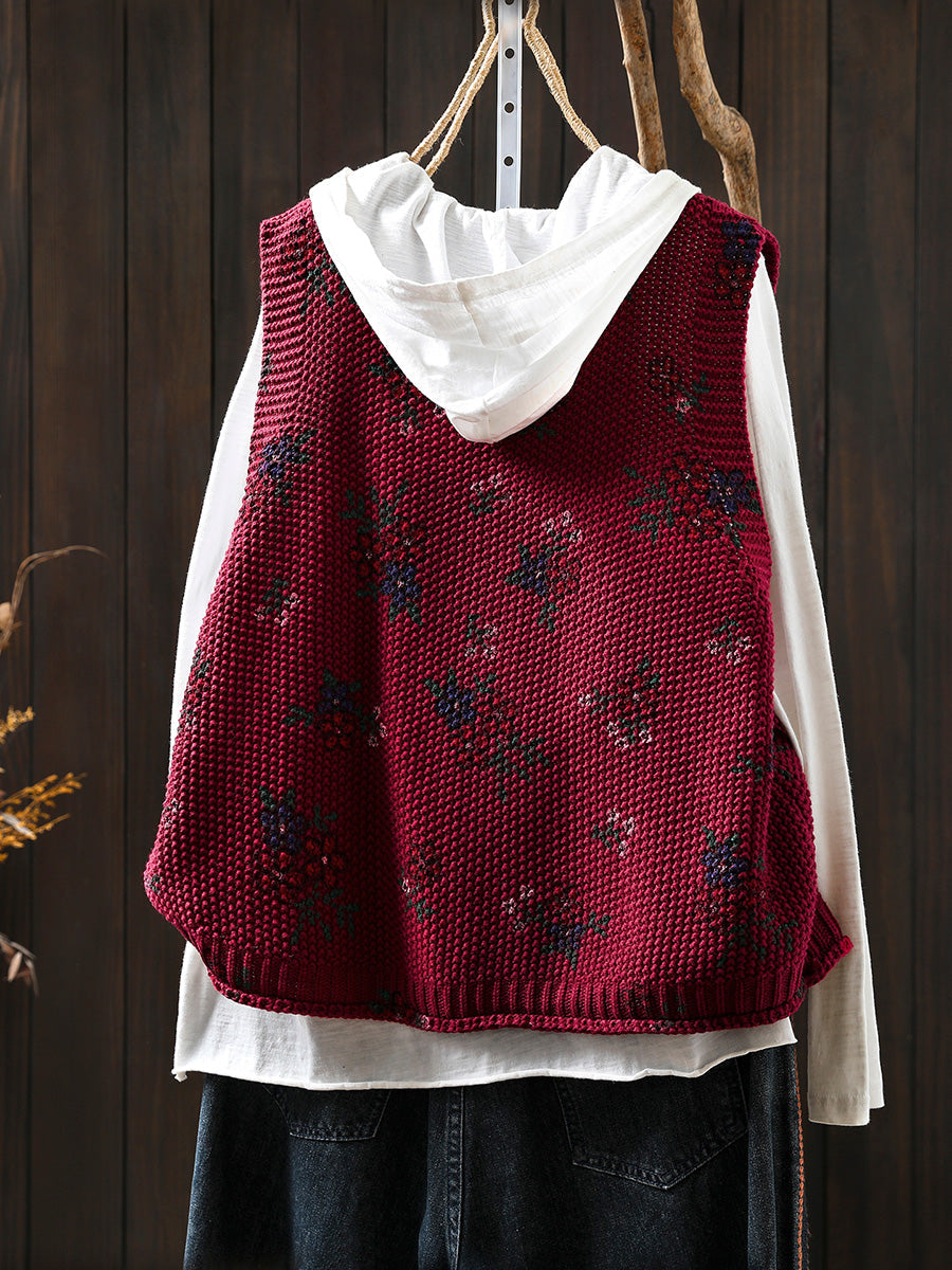 Women Autumn Retro Floral V-Neck Knitted Vest
