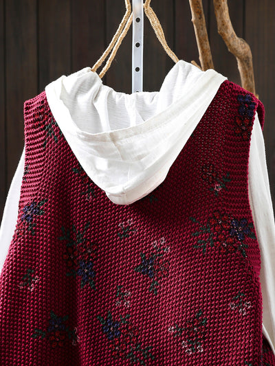 Women Autumn Retro Floral V-Neck Knitted Vest