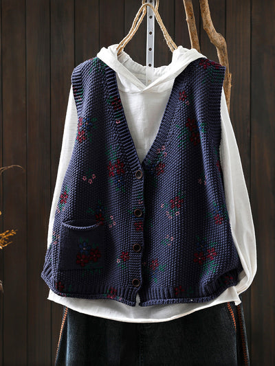 Women Autumn Retro Floral V-Neck Knitted Vest